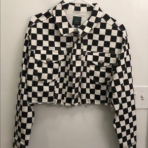Cropped checkered denim jacket